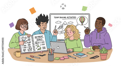 Diverse team collaborates on retreat goals, brainstorming ideas with a laptop, notebook, whiteboard drawings including mountains, clouds, and a hot air balloon, fostering teamwork