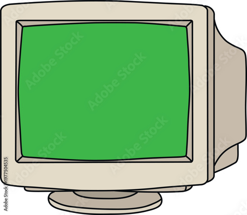 Minimal flat vector illustration of a retro CRT computer monitor with a green screen. Ideal for chroma key overlays, vintage tech concepts, and editable design elements.