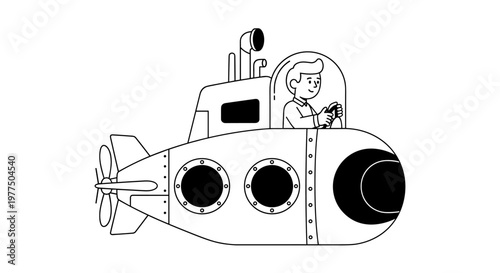 Smiling young man piloting a classic black and white cartoon submarine with portholes, propeller, and periscope, rendered with clean lines and simple shapes for versatile