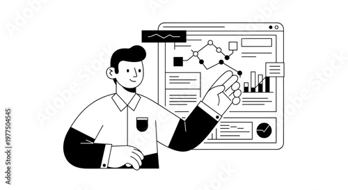 Man in crisp shirt and suit jacket points to digital dashboard displaying charts, graphs, and network nodes, signifying data analysis, strategic planning, and business insights.