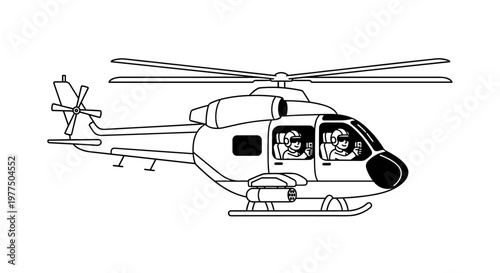 Dynamic black and white vector graphic depicts two pilots in a sleek helicopter, featuring clean lines, sharp geometric shapes, and a simplified color palette, ideal for aviation