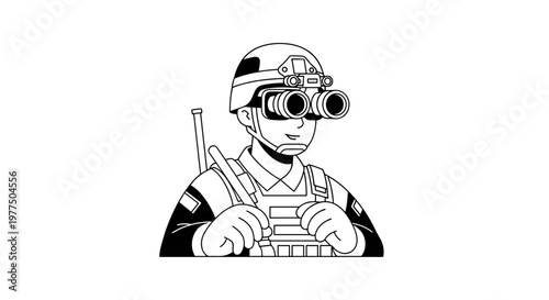 Modern soldier wearing tactical helmet with night vision goggles, equipped with body armor and communication device, ready for reconnaissance missions, clean line art vector