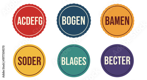 Six circular badges featuring bold sans-serif text in distinct retro color palettes: deep red, navy blue, mustard yellow, teal green, and royal purple, showcasing clean lines and