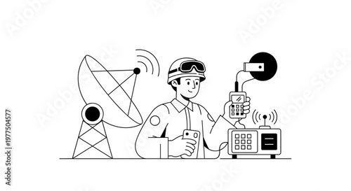 Technician wearing protective gear and goggles, holding a smartphone and a handheld device, near a satellite dish and communication equipment, representing signal transmission and