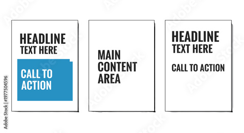 Clean graphic design layout featuring three distinct panels with bold black typography for headlines and calls to action, utilizing a vibrant blue rectangle for emphasis on one