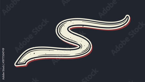 Illustration of a winding road track with red and black outlines on a dark background with a white lower section.
