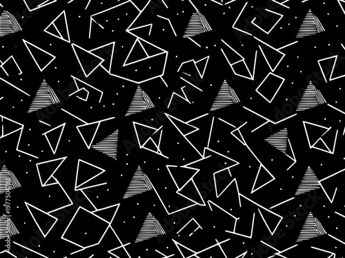 A seamless abstract pattern featuring white geometric shapes like triangles and lines scattered across a black backdrop with small dots