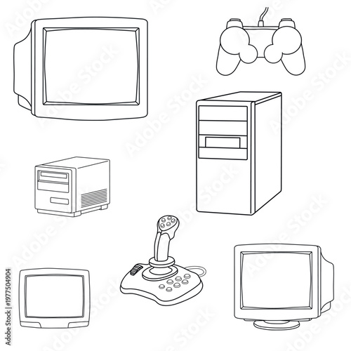 Line art vector set of retro computer equipment including CRT screen frames, joystick, controller, and desktop tower. Clean outline style ideal for templates, overlays, and editable design elements.