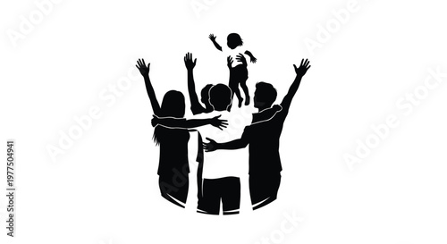A silhouette of a family celebrating together with a small child being tossed playfully in the air