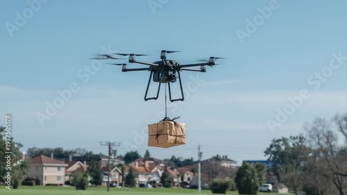 Hexacopter drone flying in the sky carrying a brown cardboard package suspended by wires delivery