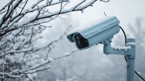 Light blue security camera with snow on its casing and mount, surrounded by snow-covered branches