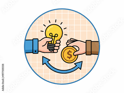 Hands exchanging a light bulb and a dollar coin on a grid background  business and finance concept