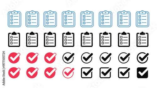 Collection of checklist and checkmark in blue, black, and red colors keywords: checklist, clipboard, task, to-do list