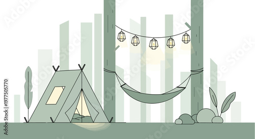 Cozy Camping Illustration: An inviting campsite scene featuring a tent, hammock, and string lights, set against a backdrop of stylized trees, evoking a sense of outdoor relaxation and adventure. 
