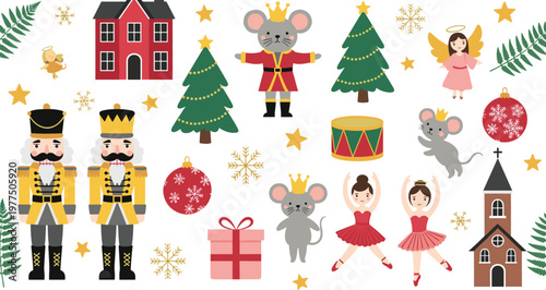 Christmas Nutcracker Vector Set Featuring Wooden Soldiers Ballerina Dancers Mouse King Pine Trees and Festive Ornaments for Holiday Season Greeting Cards and Winter Celebration Designs