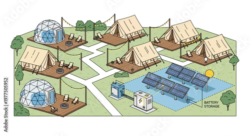 Eco-Friendly Glamping Site: An idyllic glamping site showcases a harmonious blend of nature and sustainability, featuring geodesic domes and tent-like structures.