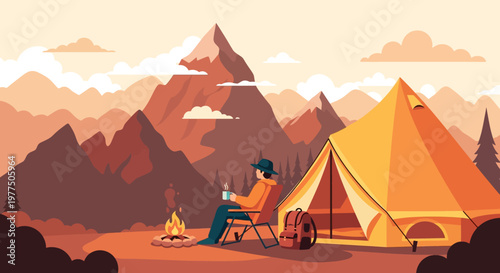 Tranquil Camping: A solitary figure sits in serene repose, enveloped by nature, contemplating a warm fire at sunset. Surrounded by majestic mountains, it's a scene of adventure, relaxation.