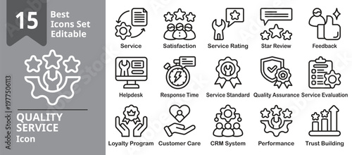 Quality Service icon set. Contains customer satisfaction, support excellence, feedback, ratings, service standards, response time, and continuous improvement. Editable outline vector illustration.