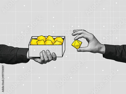 Hands holding and giving a box and a yellow pyramid on a gray background with grid lines