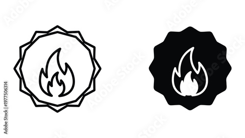 Contrasting flame icons within a geometric border in black and white versions