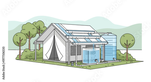 Sustainable Home: A conceptual illustration depicting a sustainable home, highlighting eco-friendly features such as solar panels and water harvesting system.