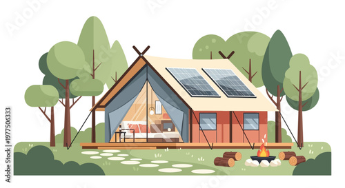 Cozy Glamping Escape: A beautifully designed glamping tent amidst a serene outdoor setting, complete with solar panels and a inviting campfire.