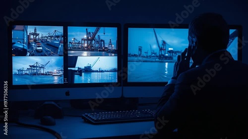 Man in suit watching multiple security camera feeds of a port on computer monitors at night surveillance