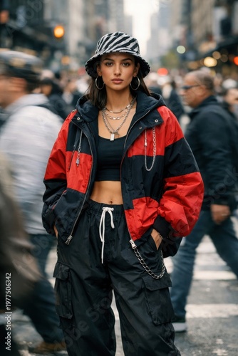 Young woman wearing streetwear and bucket hat posing on city street