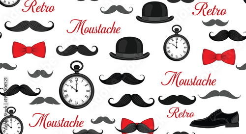 Retro Gentleman Seamless Pattern Vector Featuring Vintage Moustaches Pocket Watches Bow Ties and Bowler Hats for Classic Men's Fashion Grooming and Father's Day Stationery Designs