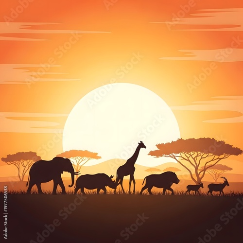 Safari animals, wildlife silhouettes, sunset savannah, African landscape