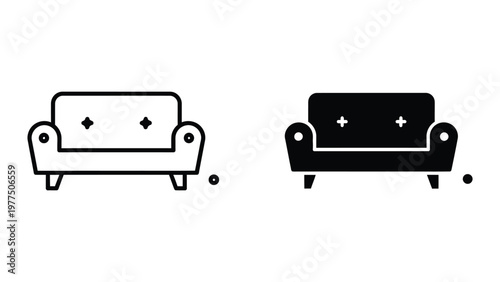 Comparison of a light-colored sofa with cushions and a dark-colored modern sofa with plus symbols.