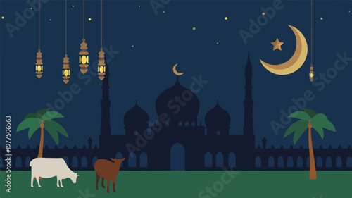 Eid al-Adha Night with Mosque Silhouette, Crescent Moon, and Grazing Sheep