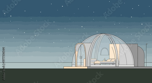 Stargazing Dome at Night: A futuristic transparent dome allows for uninterrupted stargazing, situated in a tranquil environment under a star-studded night sky, perfect for a unique retreat experience.