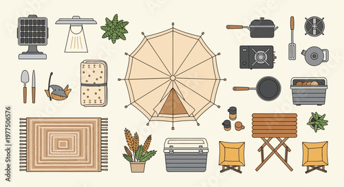 Camping Essentials: A comprehensive overhead view showcases essential camping gear meticulously arranged, evoking the spirit of outdoor adventure and the comforts of home amidst nature's embrace.