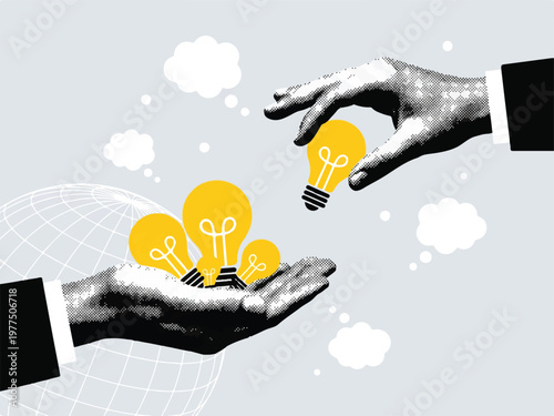 Hands holding and passing lightbulbs with ideas and inspiration on gray background with clouds and globe  symbolizing innovation and creativity