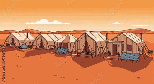 Desert Camp Illustration: An illustration showcasing a desert camp, featuring rows of tents, against an orange sky. Emphasizing the harmony between human dwellings and the natural environment.