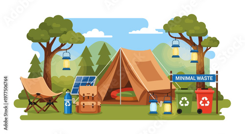 Eco-Friendly Camping Illustration: A vibrant illustration showcasing sustainable camping, where a tent nestles amidst lush trees, beside solar panels and recycling bins. Promoting eco-consciousness