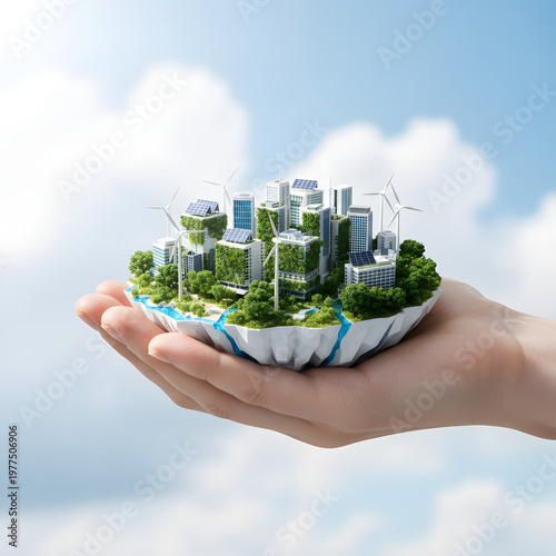 Sustainable city, eco friendly architecture, green technology, environmental conservation