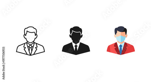 Three businessmen icons with different face coverings