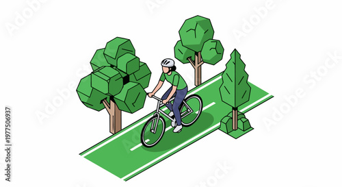 Isometric 3D Illustration of a Person Riding a Bicycle on a Green Path Through a Park, Concept of Eco-friendly Urban Transportation and Healthy Lifestyle