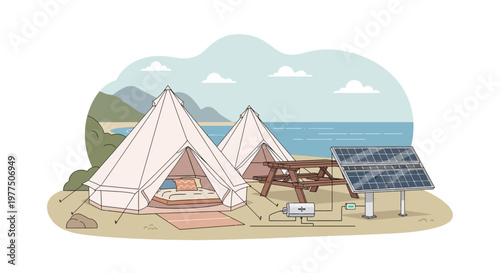 Eco-friendly Glamping Escape: A serene glamping scene at seaside, highlighting eco-friendly technology with solar panel and comfortable tent and table.