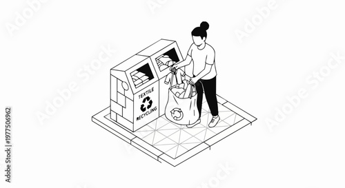 Isometric Line Art Illustration of Woman Recycling Old Clothes in Textile Bin