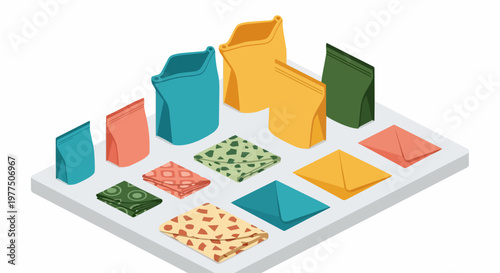 Isometric Vector Illustration of Reusable Food Storage Solutions, Silicone Bags, and Fabric Wraps for Zero Waste Lifestyle