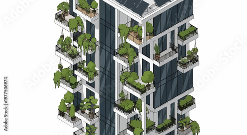Sustainable Green Building with Solar Panels and Vertical Gardens Isometric Illustration of Eco-Friendly Modern Urban Architecture