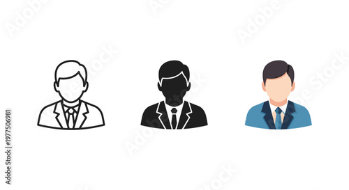 Three businessmen icons in different styles on white background