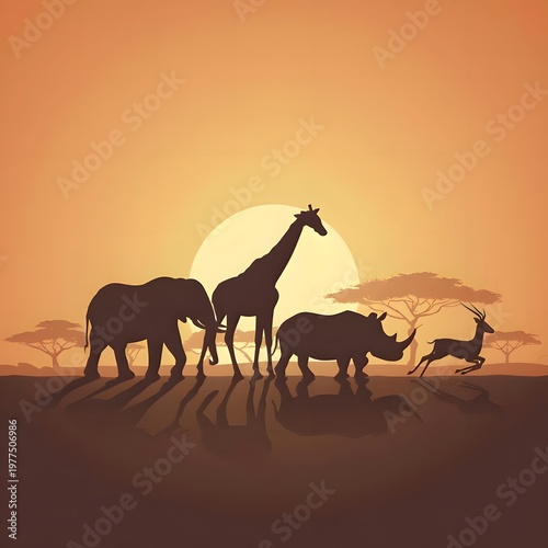 Safari animals, African wildlife, sunset savannah scene, silhouette animals