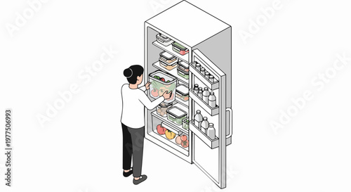 Isometric Illustration of a Woman Organizing an Open Refrigerator with Healthy Food and Meal Prep Containers