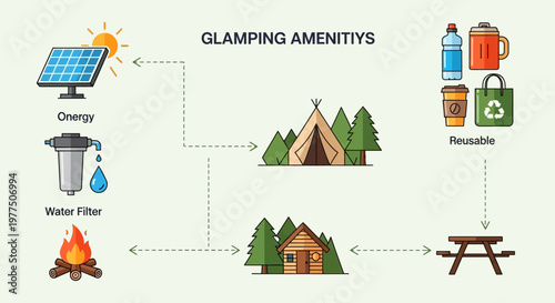 Glamping Amenities: A comprehensive diagram showcases the sustainable and luxurious elements of glamping, including renewable energy, water filtration, campfire, reusable supplies, and shelter.