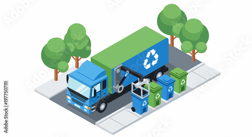 Isometric Vector Illustration of a Recycling Truck Collecting Waste Bins on a City Street - Sustainability and Waste Management Concept
