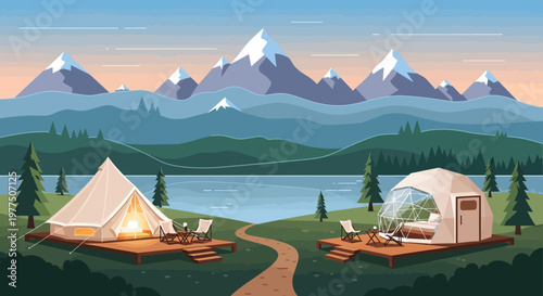 Tranquil Glamping Scene: Discover the ultimate outdoor escape, nestled beside a serene lake and towering mountains, the scene of two inviting glamping tents awaits.